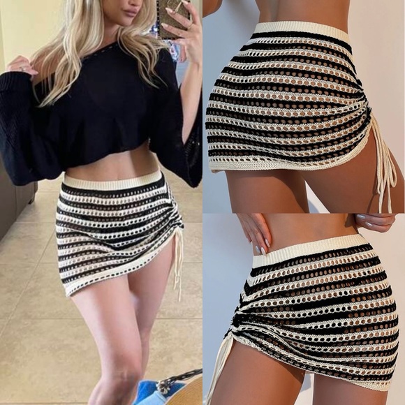 Other - Knitted crochet Striped Drawstring Side Cover Up Skirt